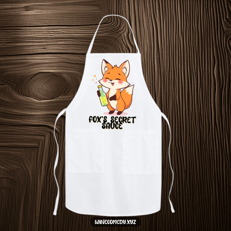 Funny Apron with a cheerful fox tipping a small bottle of sparkling liquid, ready for festive cooking.