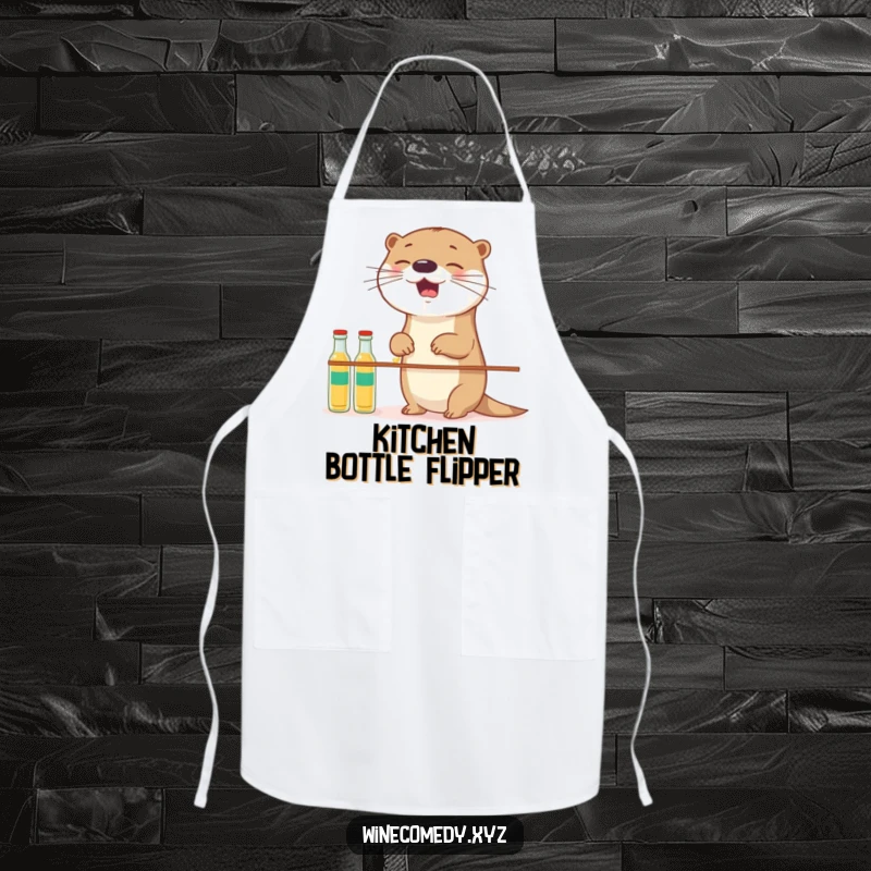 Funny giggling otter trying to balance small bottles while wearing a chef's hat, perfect for a kitchen.