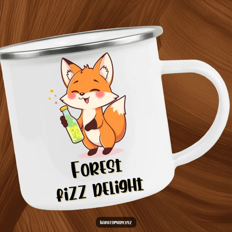 Funny Camping Mug featuring a cheerful fox tipping a small bottle of sparkling liquid, ideal for celebratory outdoor moments.
