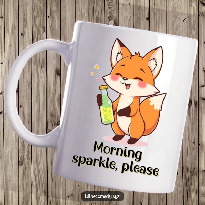 Funny Mug featuring a cheerful fox tipping a small bottle of sparkling liquid, ready for a celebration.
