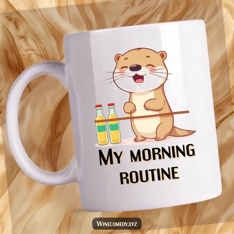 Funny giggling otter attempting to balance several small bottles, showcasing its adorable and slightly clumsy nature.