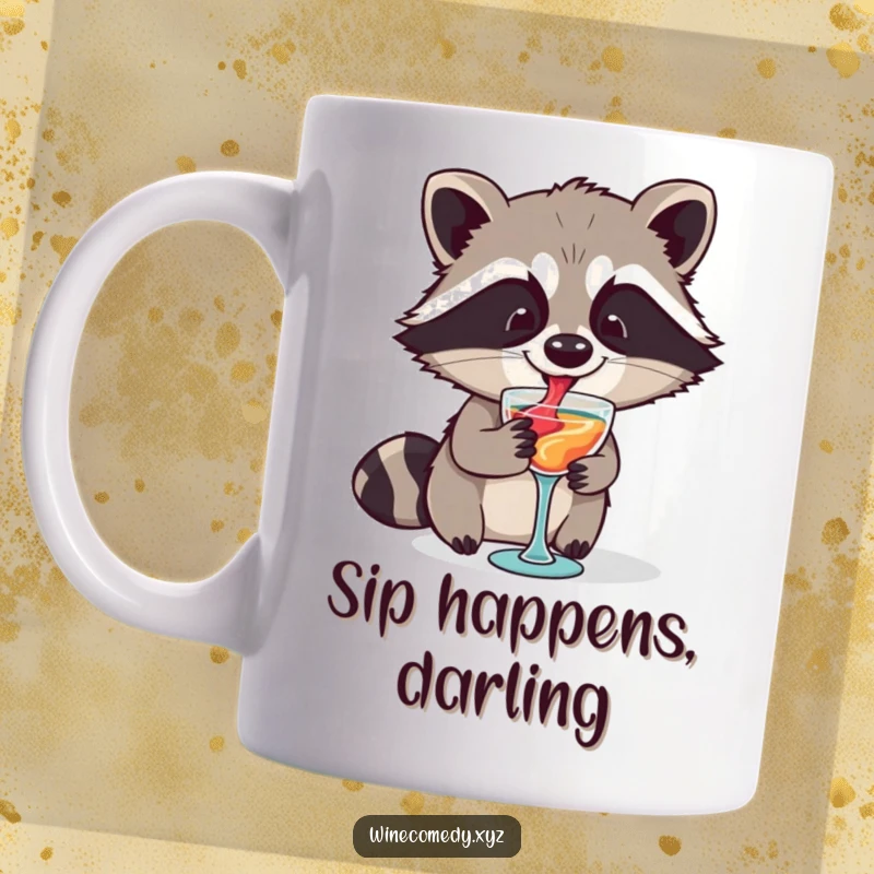 Funny raccoon artistically swirling wine in a tiny glass, embodying sophisticated silliness and a love for good drinks.