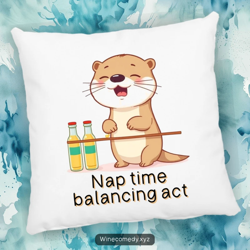 Funny giggling otter attempting to balance small bottles, depicted on a soft, plush pillow for maximum comfort.