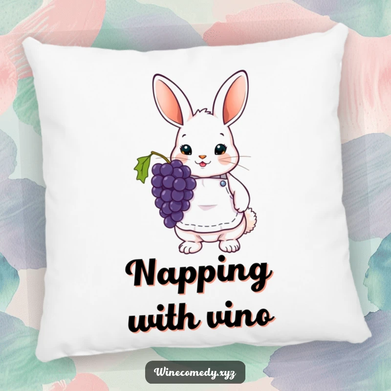 Funny Pillow featuring a cute bunny wearing a tiny wine apron and holding grapes, perfect for cozy wine nights.