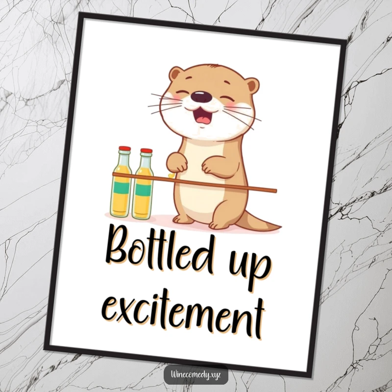 Funny giggling otter attempting to balance small bottles, available as a high-resolution digital art print.
