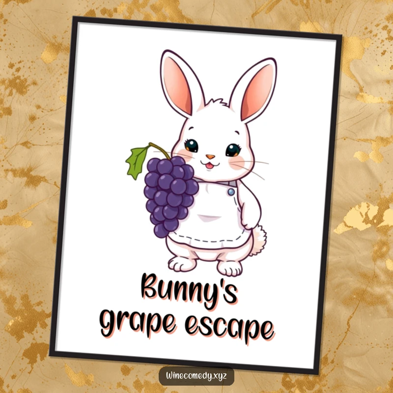 Funny Digital Art Print of a cute bunny wearing a tiny wine apron and holding grapes, embodying wine country charm.