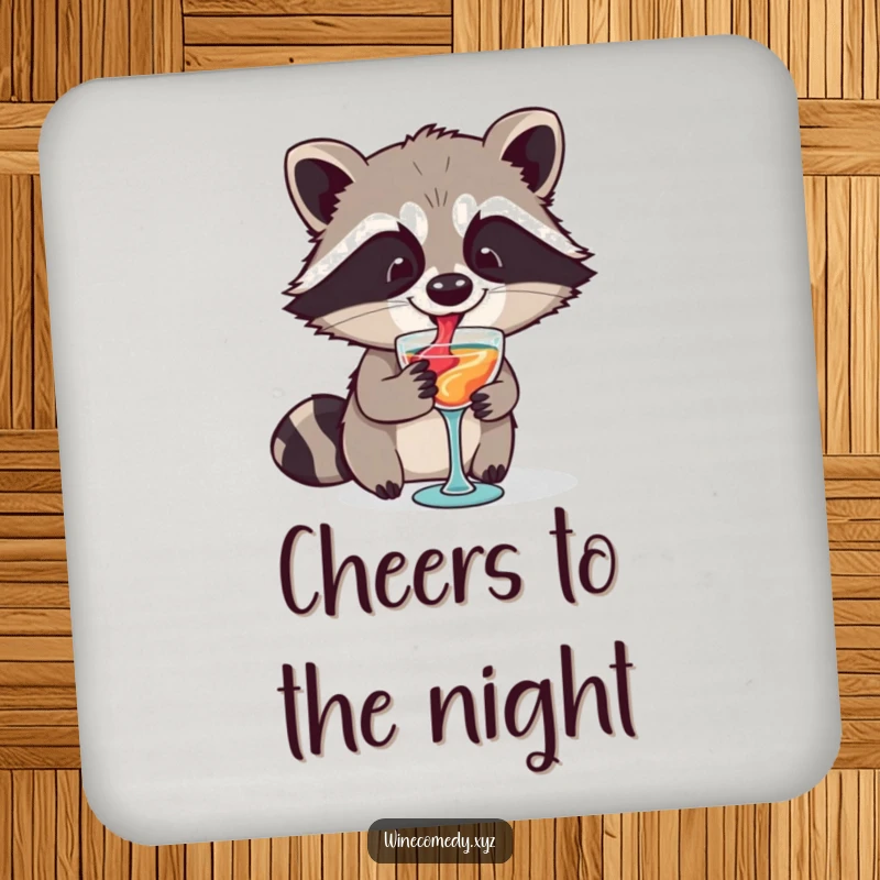 Funny raccoon artistically swirling wine in a tiny glass, designed as a set of protective drink coasters.