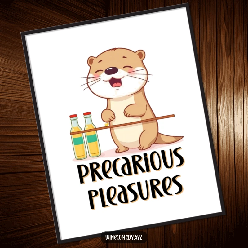 Funny giggling otter attempting to balance small bottles, printed as a vibrant poster for cheerful room decor.