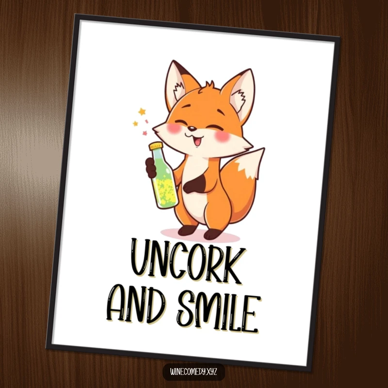 Funny Poster showing a cheerful fox tipping a small bottle of sparkling liquid, embodying pure celebratory joy.