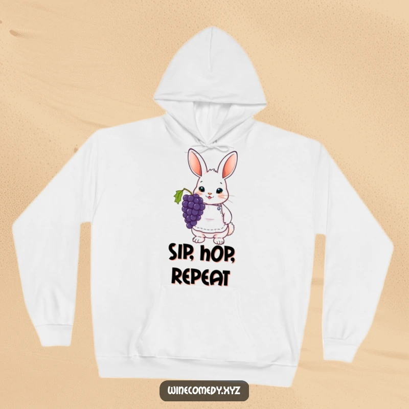 Funny Hoodie featuring a cute bunny in a wine apron holding grapes, perfect for cozy wine nights.
