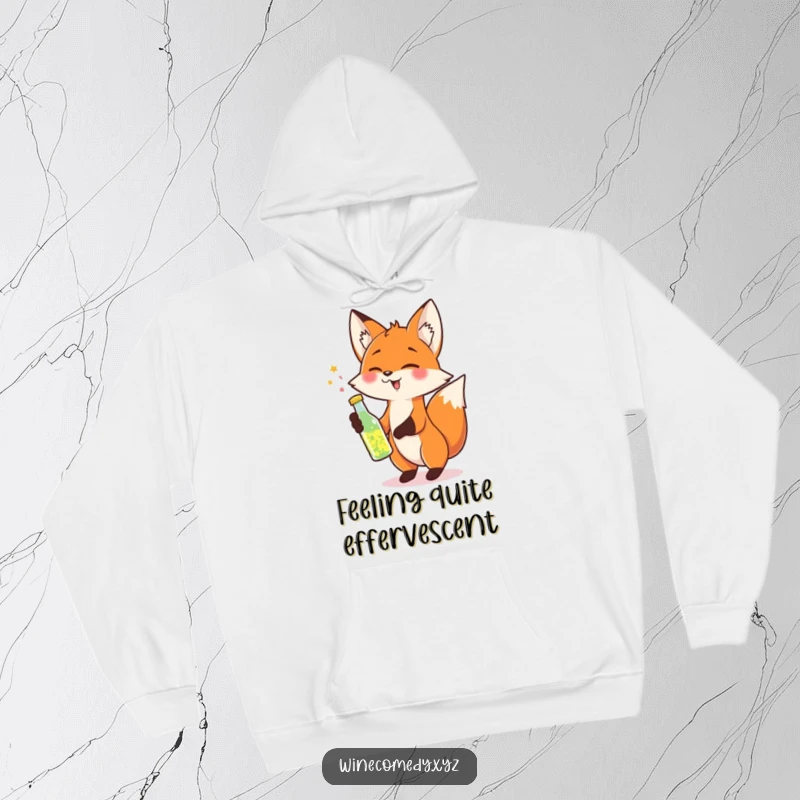 Funny Hoodie featuring a cheerful fox tipping a small bottle of sparkling liquid, perfect for cozy celebrations.