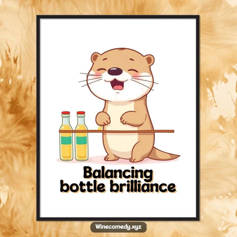 Funny Free Printable Wall Art: Giggling Otter skillfully balancing a colorful stack of tiny bottles with playful concentration.