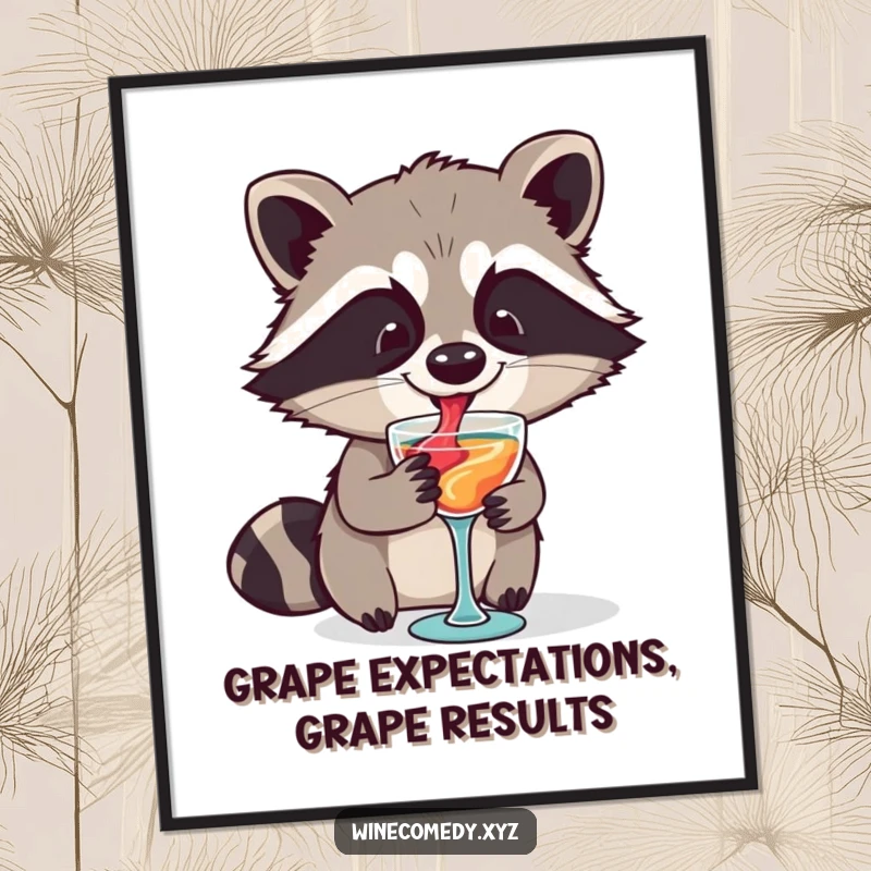Funny Free Printable Wall Art: Elegant Raccoon gracefully swirling red wine in a miniature glass, exuding charm.