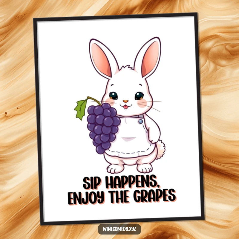 Funny Free Printable Wall Art: Cute bunny in wine apron holding a bunch of grapes, looking sophisticated.