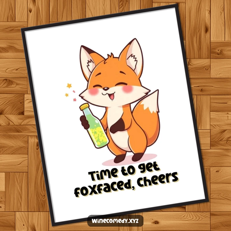 Funny Free Printable Wall Art: Cheerful fox tipping a small bottle of sparkling liquid, radiating joy.