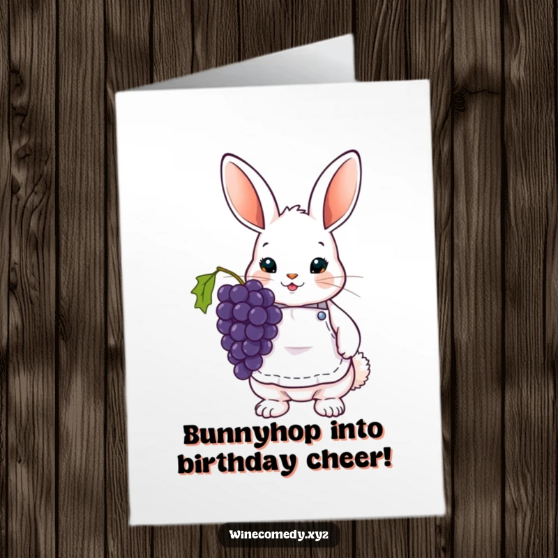 Funny Free Printable Birthday Card: Cute bunny in wine apron holding grapes, celebrating with cheer.