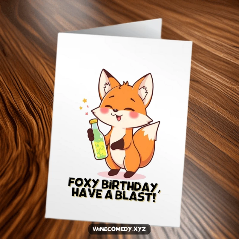 Funny Free Printable Birthday Card: Cheerful fox tipping a bottle of sparkling liquid, celebrating joyfully.