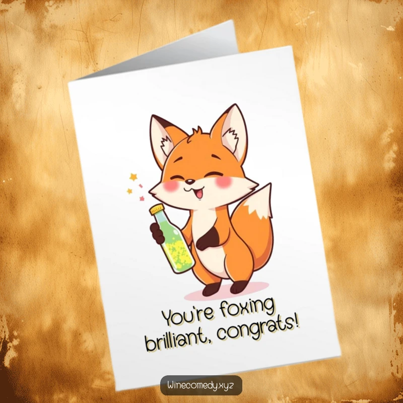 Funny Free Printable Congrats Card: Cheerful fox tipping a bottle of sparkling liquid, celebrating a win.