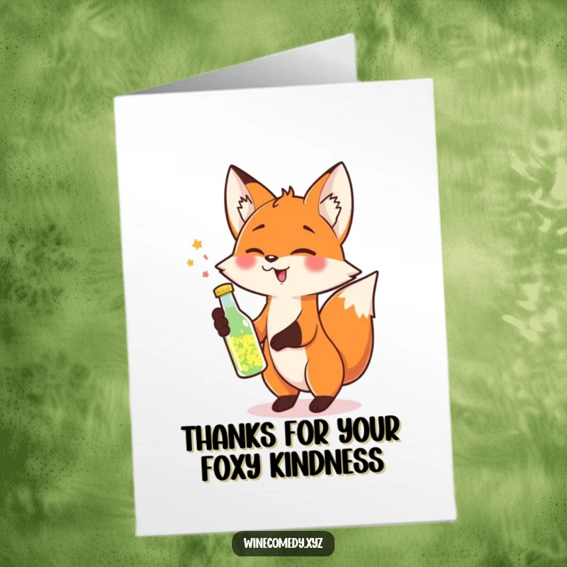 Funny Free Printable Thank You Card: Cheerful fox tipping a bottle of sparkling liquid, saying thanks.