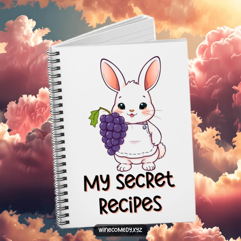 Funny Notebook with a cute bunny wearing a tiny wine apron and holding grapes, perfect for tasting notes.