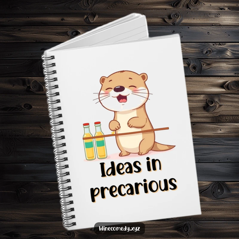 Funny giggling otter attempting to balance small bottles, featured on the cover of a practical notebook.