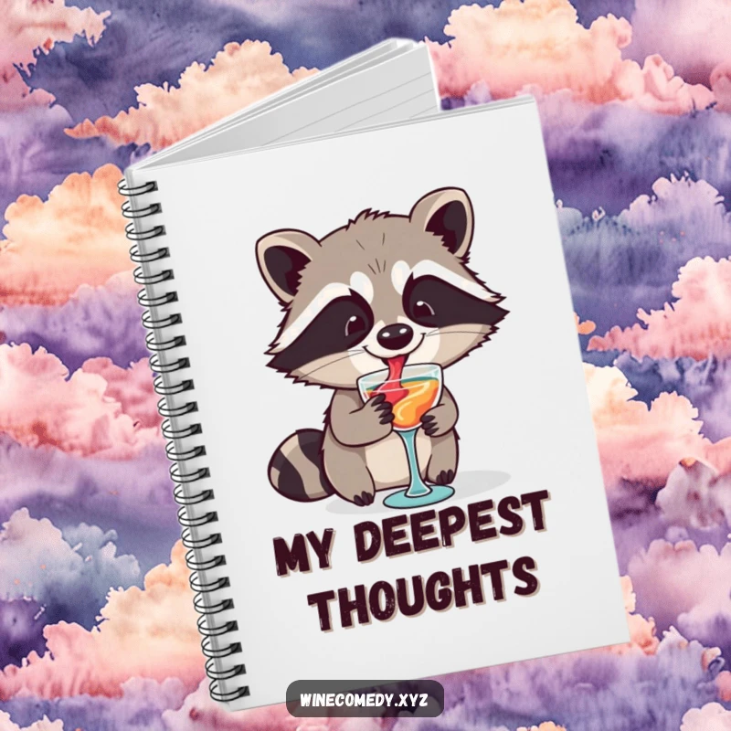 Funny raccoon artistically swirling wine in a tiny glass, featured on the cover of a practical notebook.