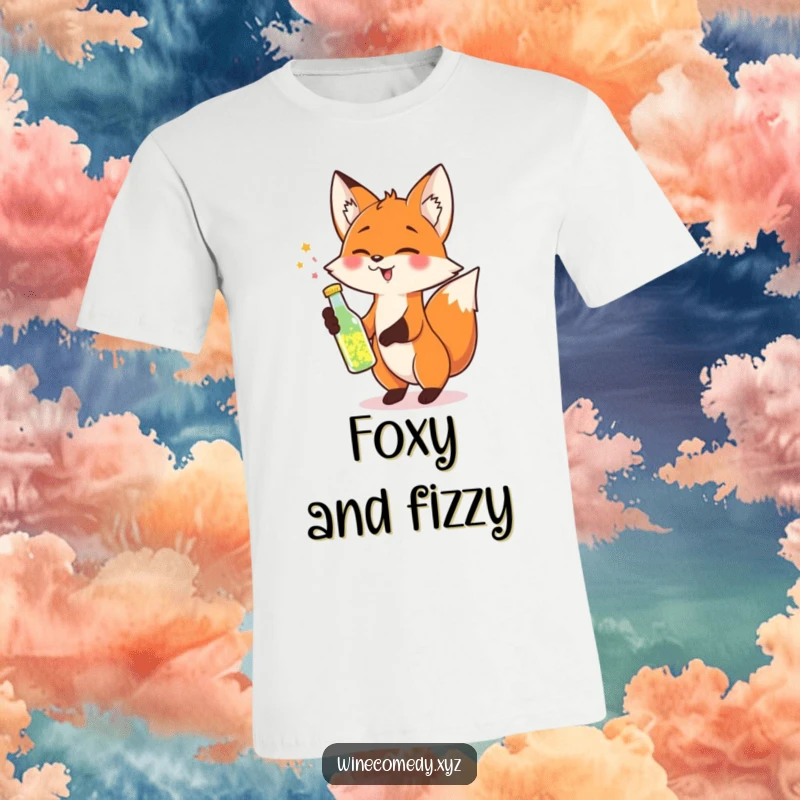 Funny T-Shirt showing a cheerful fox tipping a small bottle of sparkling liquid, symbolizing celebration and joy.
