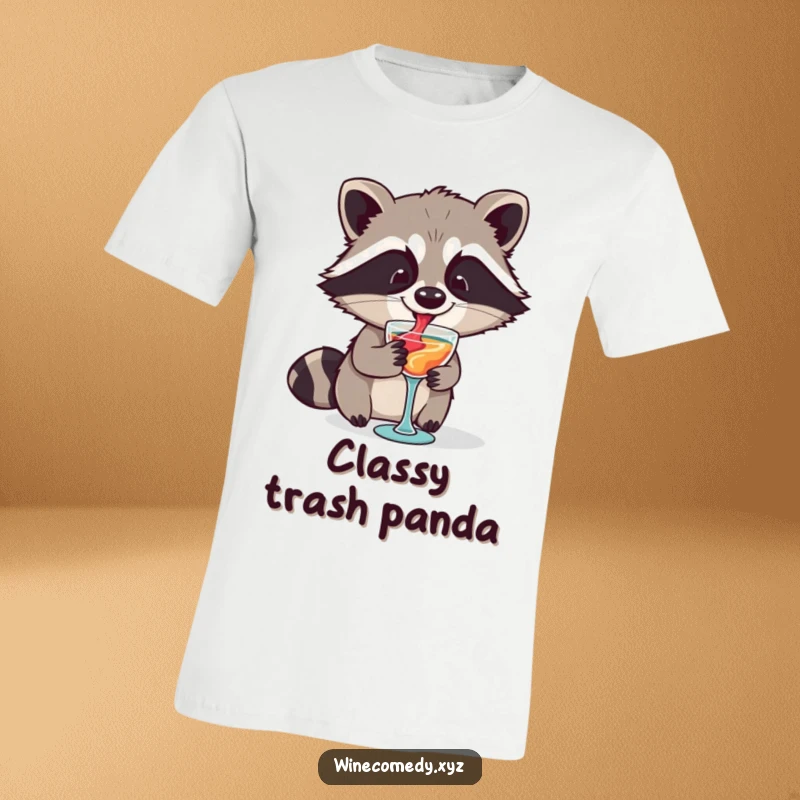 Funny raccoon enjoying a miniature wine glass with a smile, printed on a soft t-shirt, ideal for humor lovers.
