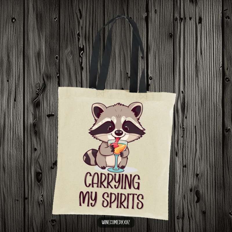 Funny raccoon swirling wine in a miniature glass, showcased on a durable tote bag, ideal for shopping trips.