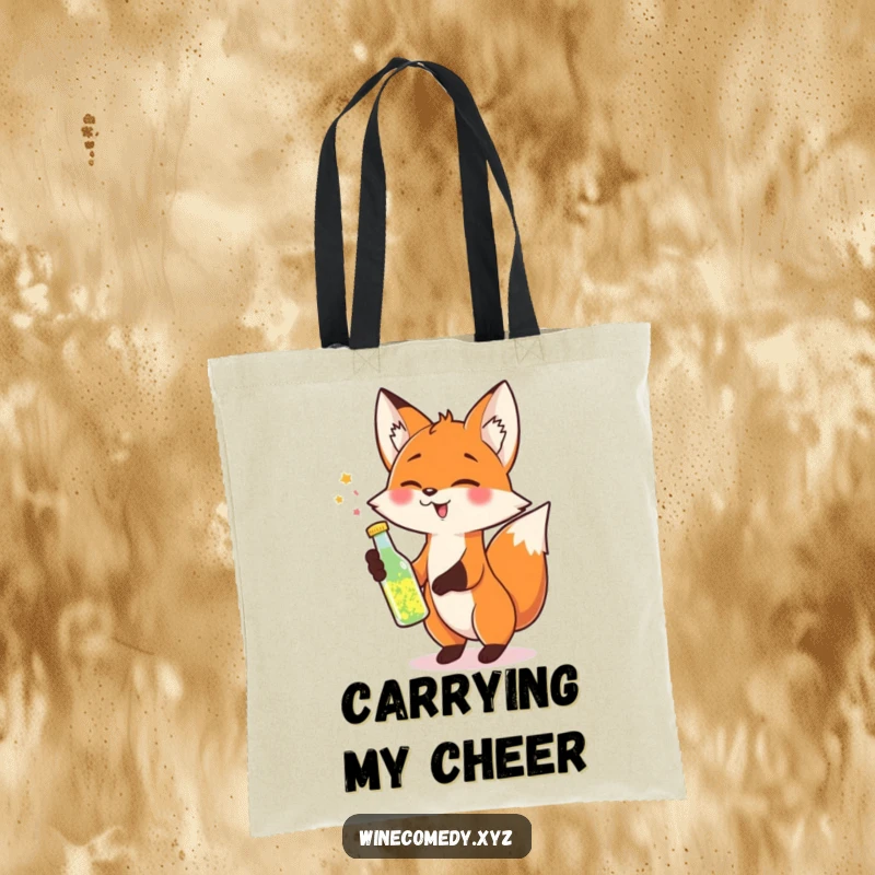 Funny Tote Bag with a cheerful fox tipping a small bottle of sparkling liquid, perfect for celebratory outings.
